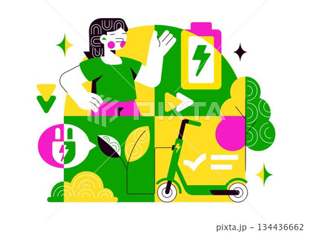 Green Energy Vehicle Vector Illustration Featuring Electrical Power, Environmental Conservation, Electric Transportation, and Sustainable Resources Green Energy Vehicle Vector Illustration Featuring Electrical Power, Environmental Conservation, Electric Transportation, and Sustainable Resources 134436662