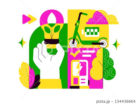 Green Energy Vehicle Vector Illustration Featuring Electrical Power, Environmental Conservation, Electric Transportation, and Sustainable Resources 134436664