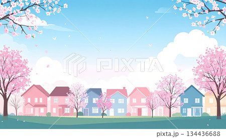 《AI画像》桜の花びらが舞う春の住宅街 《AI画像》桜の花びらが舞う春の住宅街 134436688