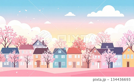 《AI画像》桜の花びらが舞う春の住宅街 134436693