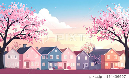 《AI画像》桜の花びらが舞う春の住宅街 134436697
