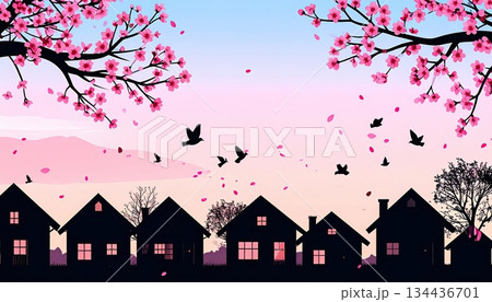 《AI画像》桜の花びらが舞う春の住宅街 134436701