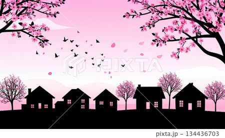 《AI画像》桜の花びらが舞う春の住宅街 134436703