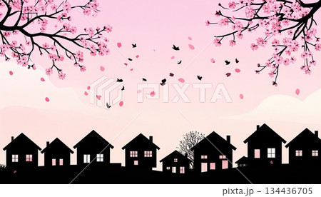 《AI画像》桜の花びらが舞う春の住宅街 134436705