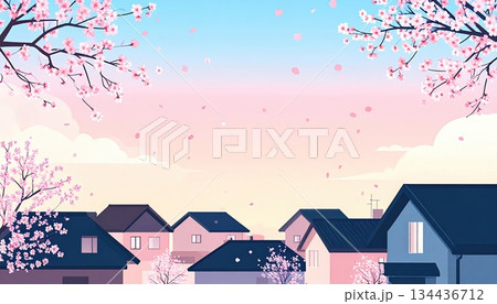 《AI画像》桜の花びらが舞う春の住宅街 134436712