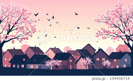 《AI画像》桜の花びらが舞う春の住宅街 134436714