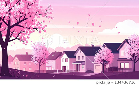《AI画像》桜の花びらが舞う春の住宅街 134436716