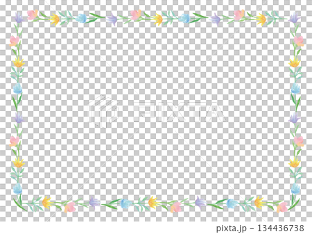 水彩の優しい4色の花の長方形フレーム 134436738