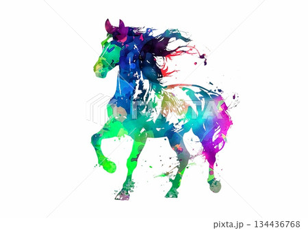 カラフルな水彩アートの躍動する馬のイラスト 134436768