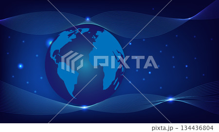 Futuristic Global Network with Blue Wave Lines on Dark Background 134436804