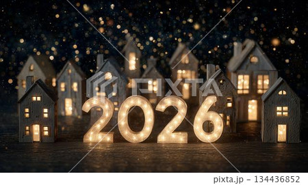 Illuminated houses and 2026 sign create a festive atmosphere during winter nights 134436852