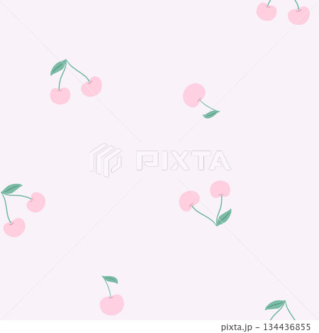 淡色ピンクとブルーグリーンのミニマルなさくらんぼのシームレスパターン 134436855