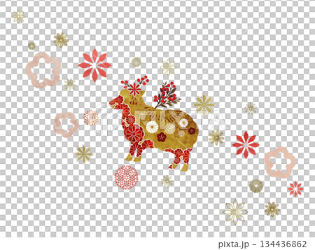 花と和柄の羊 134436862