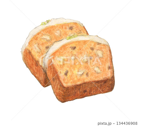 くるみとレーズン入りキャロットケーキ　水彩色鉛筆イラスト 134436908