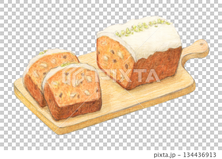 Carrot cake with walnuts and raisins - watercolor pencil illustration 134436913