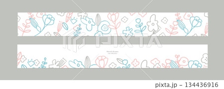 手描きの草木のバナー背景。北欧風の草木と花のシンプルテンプレート背景。 134436916