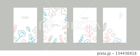 手描きの草木のバナー背景。北欧風の草木と花のシンプルテンプレート背景。 134436918