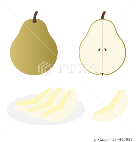 洋梨とカットされた洋梨のシンプルなイラストセット 134436952