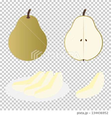 洋梨とカットされた洋梨のシンプルなイラストセット 134436952