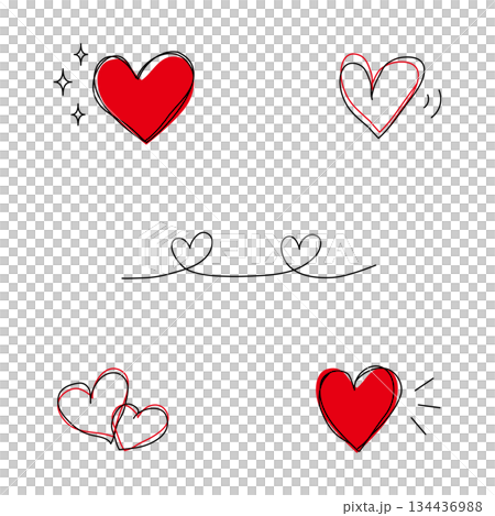 Hand-drawn heart line drawing and colored decorative illustration set 134436988