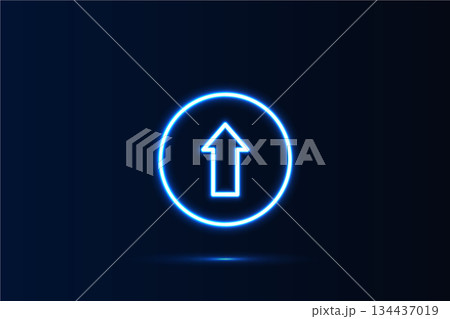 Bright glowing neon outline of an upward pointing arrow inside a circle on a deep dark blue  134437019