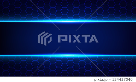 Futuristic Neon Blue Hexagon Grid Background with Light Beams 134437040