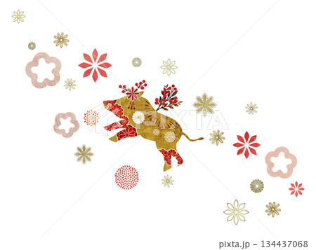 花と和柄の猪 134437068