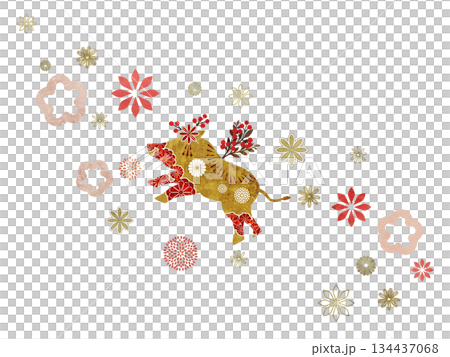 花と和柄の猪 134437068