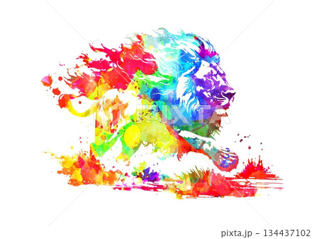 白背景にカラフルな塗料で描いた水彩アート風のライオンのイラスト 134437102