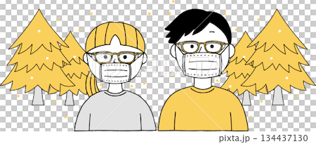 花粉を飛ばす杉の木とメガネとマスクをした男女単色 134437130