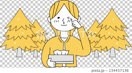 花粉を飛ばす杉の木と花粉症に苦しむ女性単色 花粉を飛ばす杉の木と花粉症に苦しむ女性単色 134437136