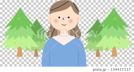 雪松樹散落花粉，一位面帶微笑的女子 134437137