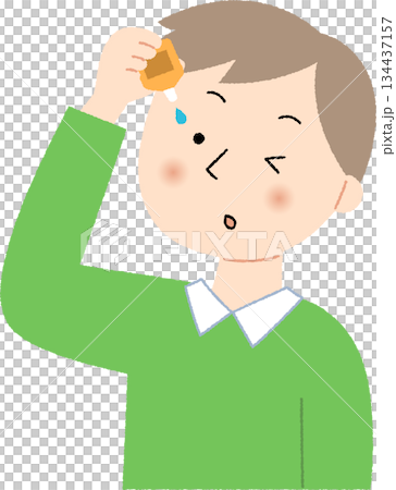 A man pointing to eye drops 134437157