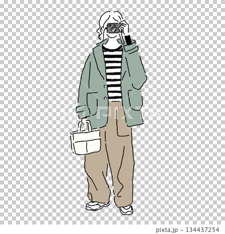 A woman holding a camera. Casual fashion color illustration of a big silhouette coat and wide pants. 134437254