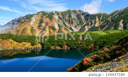 みくりが池と立山連峰 遠く剱岳の絶景 立山黒部アルペンルート富山県 みくりが池と立山連峰 遠く剱岳の絶景 立山黒部アルペンルート富山県 134437394