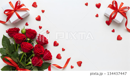 Red roses bouquet and gift boxes with heart shapes on white background 134437447