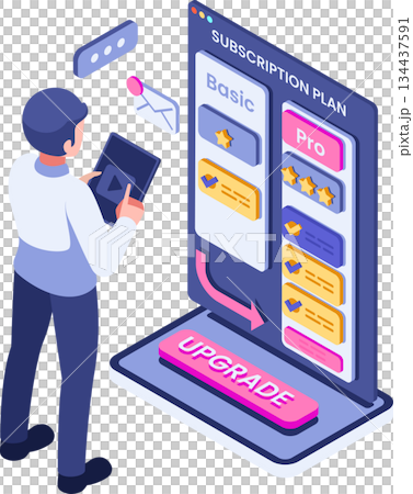 Isometric User Upgrading Subscription Plan from Basic to Pro 134437591