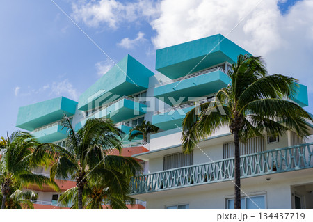 Miami Beach in Ocean Drive Florida. Art Deco building architecture. Architectural building. Art deco. Architectural district Art Deco. Modern building of Miami beach. Ocean drive. Vibrant colors 134437719