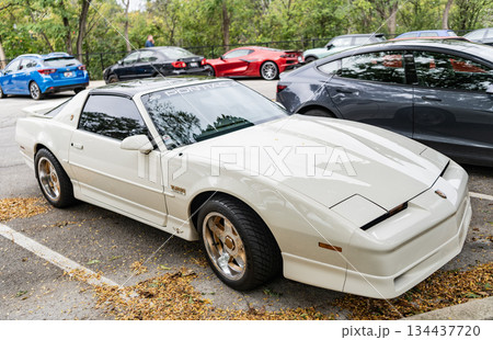 Chicago, Illinois - September 29, 2024: 1992 Pontiac Firebird Trans Am GTA white color. 1992 Pontiac Firebird Trans Am GTA parked on the street 134437720