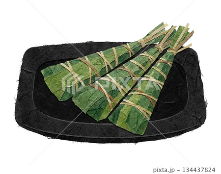 和紙で表現した縦長のちまきの切り絵風イラスト 134437824