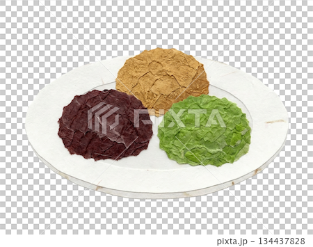 A paper-cutting style illustration of three-colored rice balls made with washi paper A paper-cutting style illustration of three-colored rice balls made with washi paper 134437828