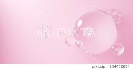 ピンクの背景に浮かぶ複数の水の球体。水滴。コピースペース。3D（横長） 134438094