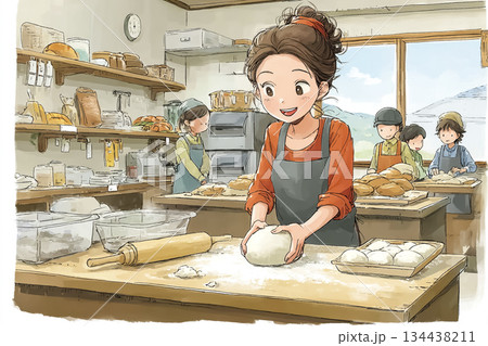 美優シリーズ：パン屋で働く女性　生地をこねる仕込み作業 134438211