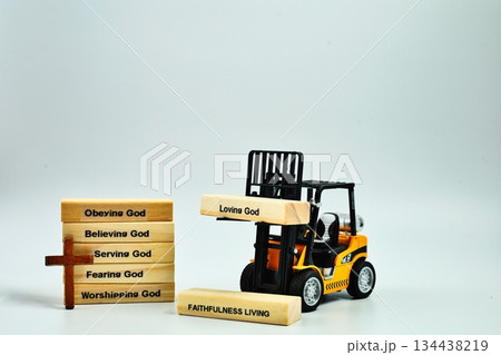 Faithfulness Living Wooden Blocks Loving God Block On Forklift White Background 134438219