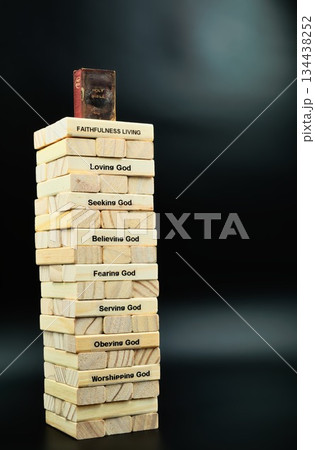 Faithfulness Living Wooden Block Tower Old Bible On Top 134438252