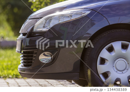 Close-up detail front of modern new shiny empty black car parked outside road in high grass on bright summer sunny day on blurred green trees background. Transport, pollution and ecology concept. 134438389