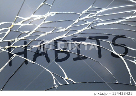 Broken cracked glass with word "Habits" on it. Broken cracked glass with word "Habits" on it. 134438423