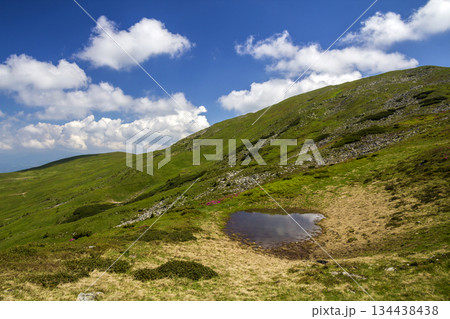 Blue sky with bright white clouds reflected in small lake between green hills on sunny day. Summer panorama. 134438438