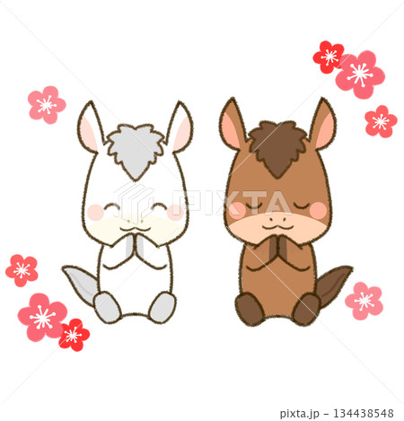 お祈りする午年の仲良し馬 134438548