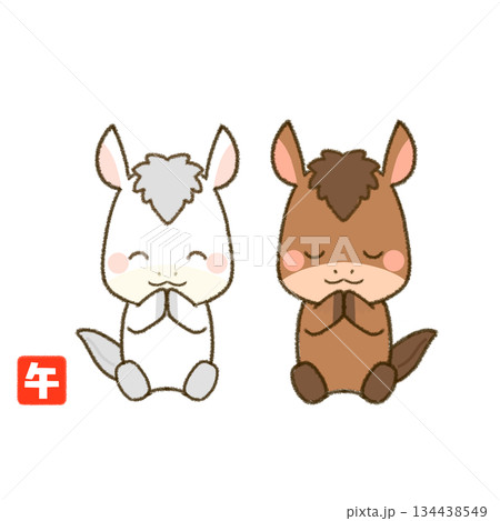 お祈りする午年の仲良し馬 134438549